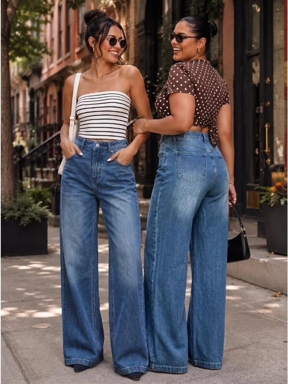 Women's Mid Blue Denim Y2k Straight Leg Button Zipper High Waisted Baggy Jeans